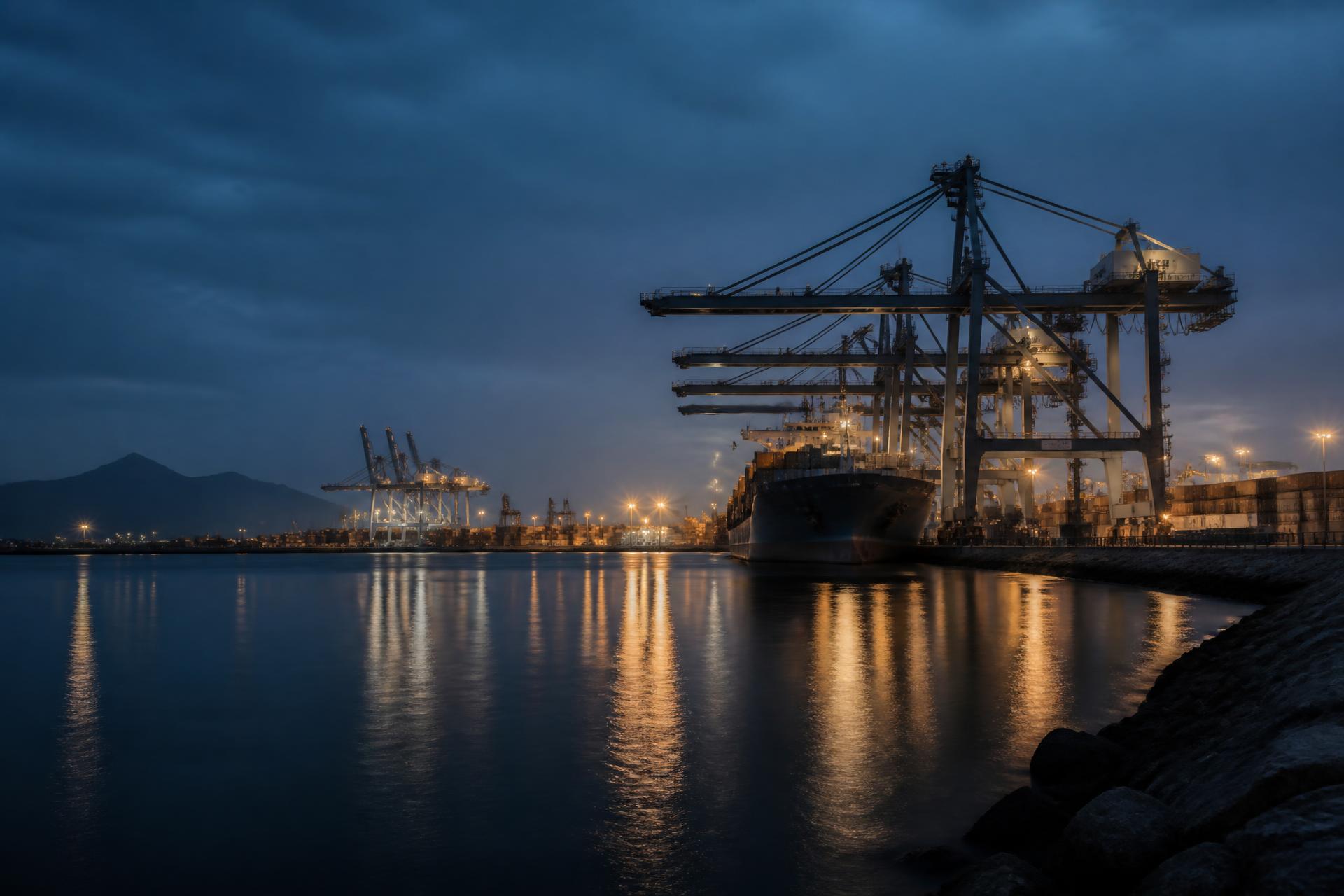 Deep-water industrial port terminal at dusk